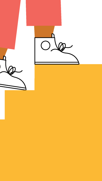 A pair of legs wearing pink trousers and tennis shoes walking up three steps.