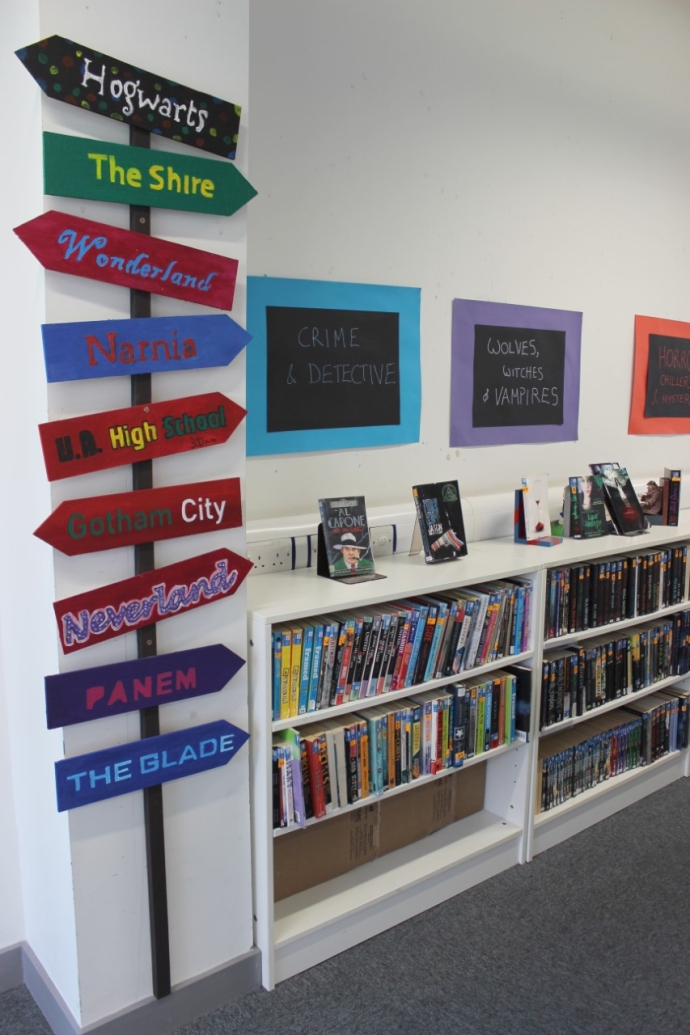 A display of a signpost with different coloured signs pointing in different directions, with books shelves on the right 