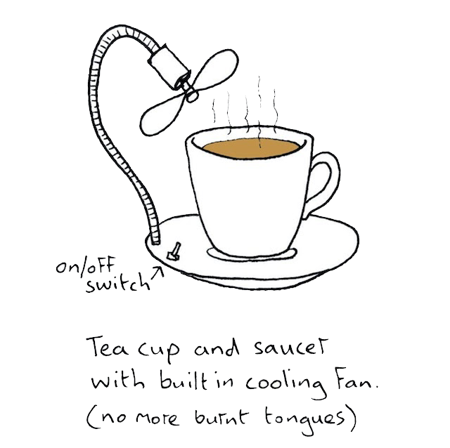 Tea cup and saucer with built-in cooling fan and an on-off switch - no more burnt tongues!