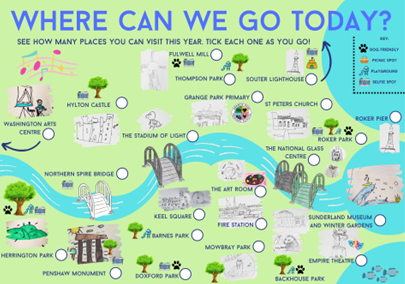 A graphic image of a town map with illustrations of key places in an area