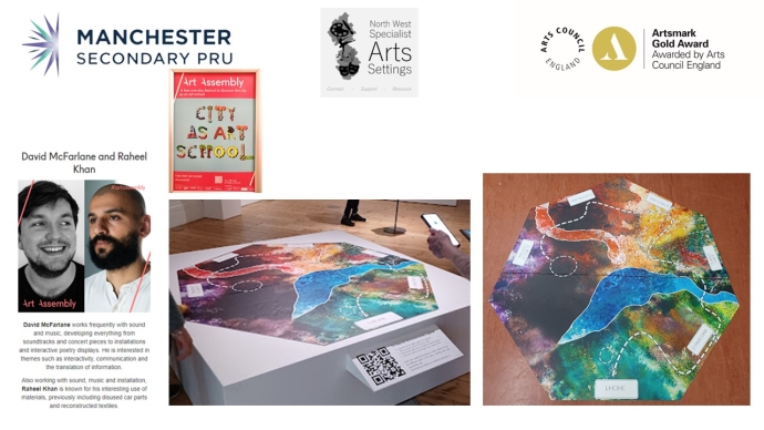 A series of images portraying an art project including the image of two men and a piece of artwork displayed in a gallery 