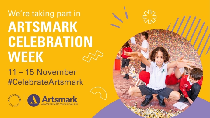 A yellow card with an image of a person on the right with their arms spread out in front, with people doing art work in the background.