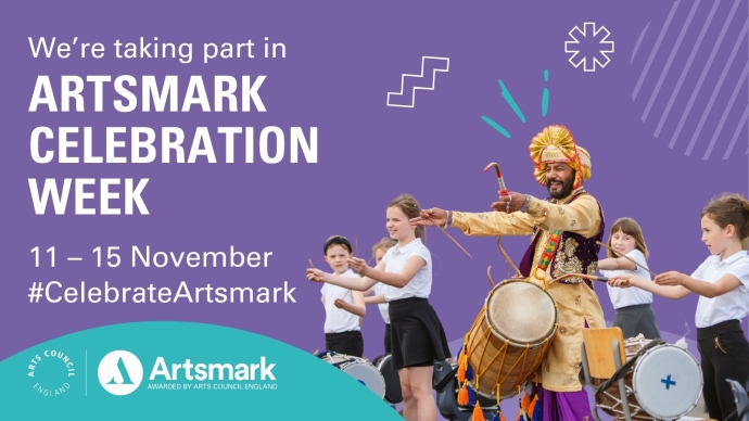 A purple card with a musician leading a group of students on dhol drums.