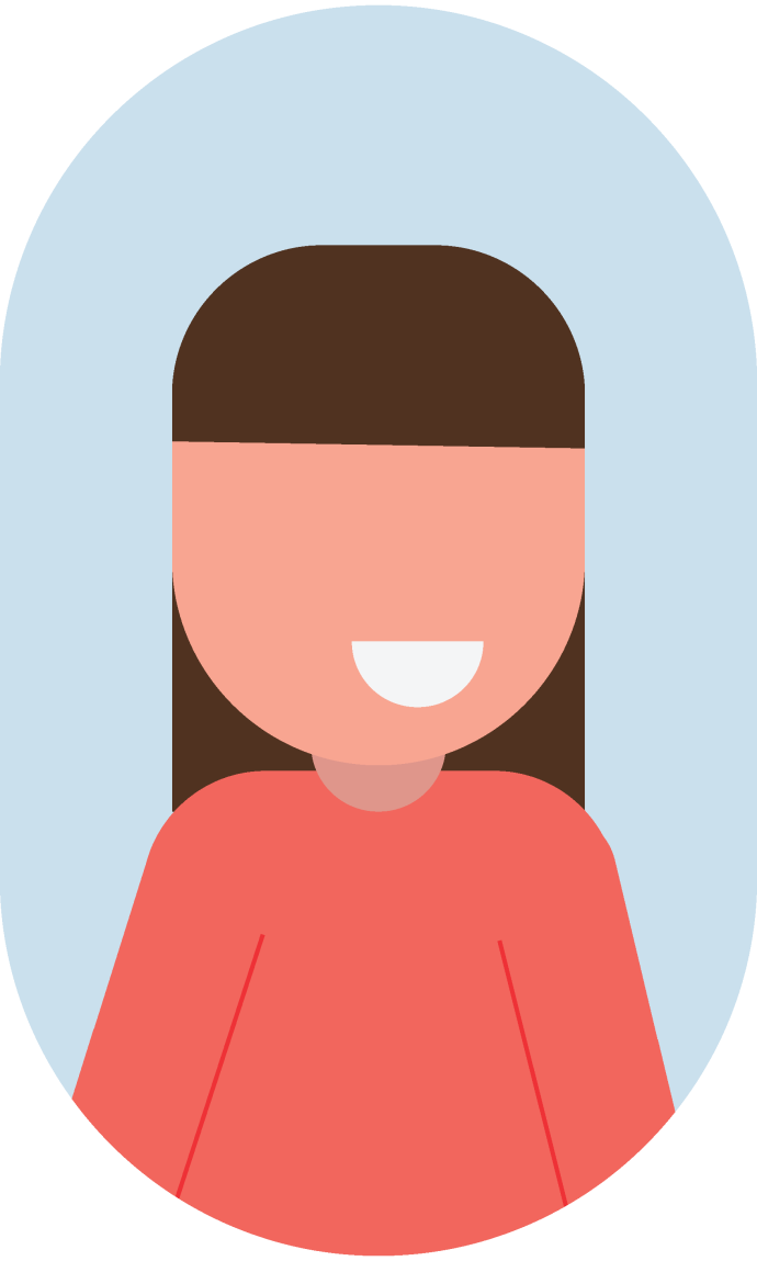 Flat-style illustration of a smiling person with long brown hair and a red shirt, set against a light blue oval background. The face is minimalistic, with no eyes or nose, only a broad white-toothed smile.